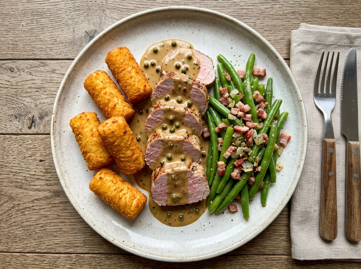 Schweinefilet mit Pfeffersauce, Kroketten und grünen Bohnen mit Speck photo