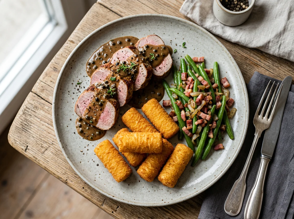 Schweinefilet mit Pfeffersauce, Kroketten und Speckbohnen photo