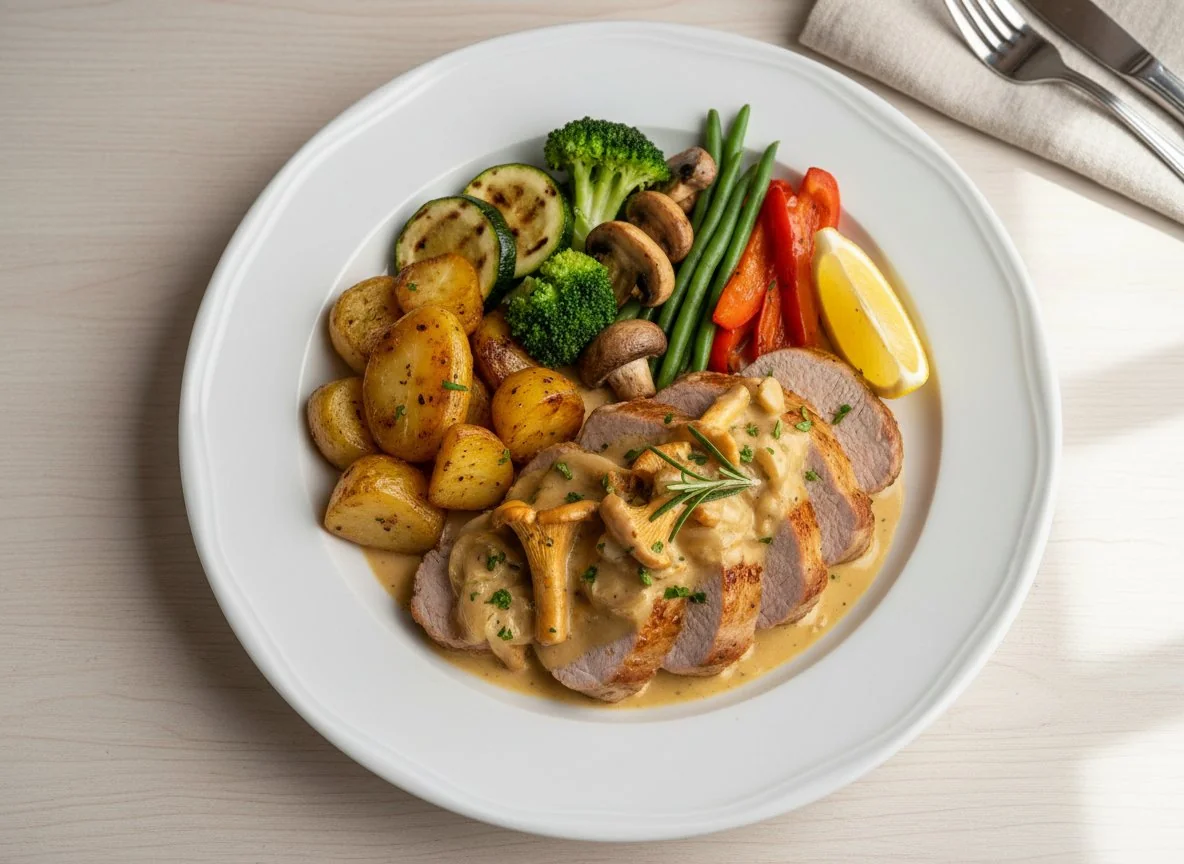 Schweinefilet mit Pfifferlingen und Beilagen photo