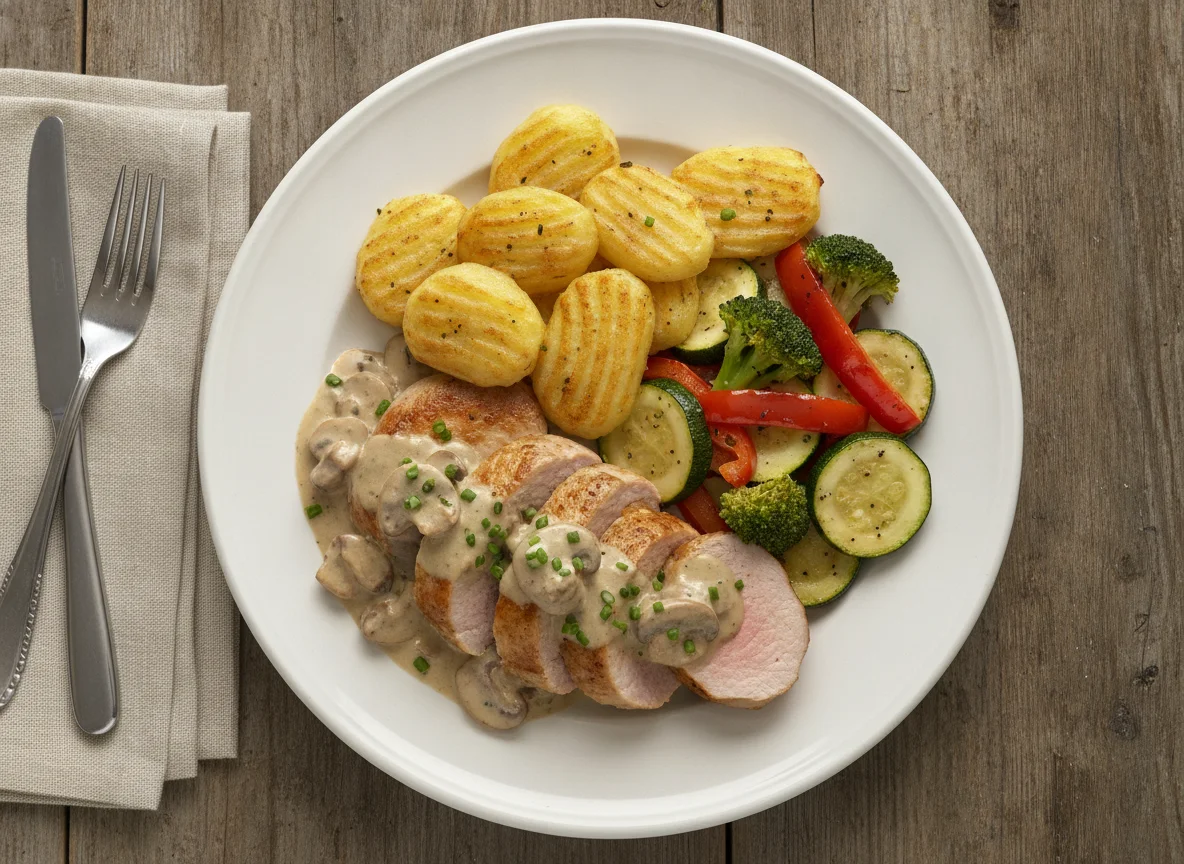 Schweinefilet mit Pilzrahmsauce, Herzoginkartoffeln und Gemüse photo