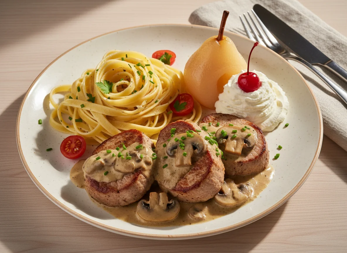 Schweinefilet mit Pilzrahmsauce, Tagliatelle und Birne Helene photo
