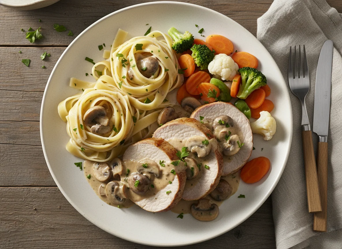 Schweinefilet mit Pilzrahmsoße, Bandnudeln und Gemüse photo