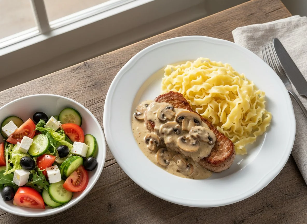 Schweinefilet mit Pilzrahmsoße, Bandnudeln und griechischem Salat photo