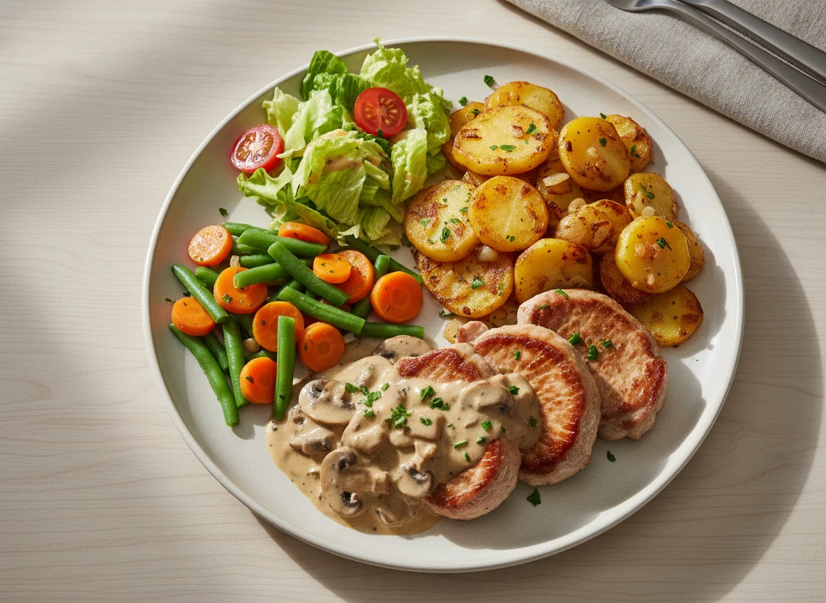 Schweinefilet mit Pilzrahmsoße, Bratkartoffeln und Gemüse photo