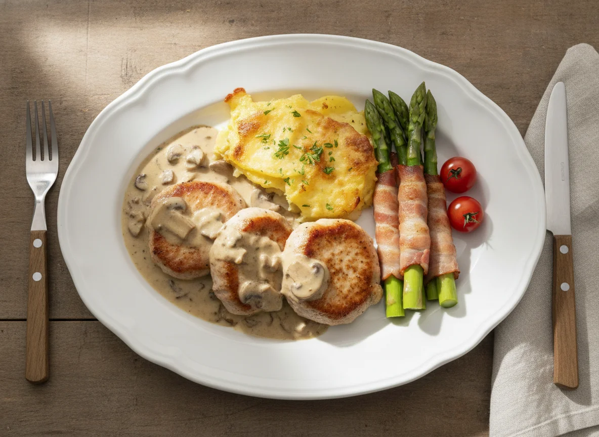 Schweinefilet mit Pilzrahmsoße, Kartoffelgratin und Spargel im Speckmantel photo