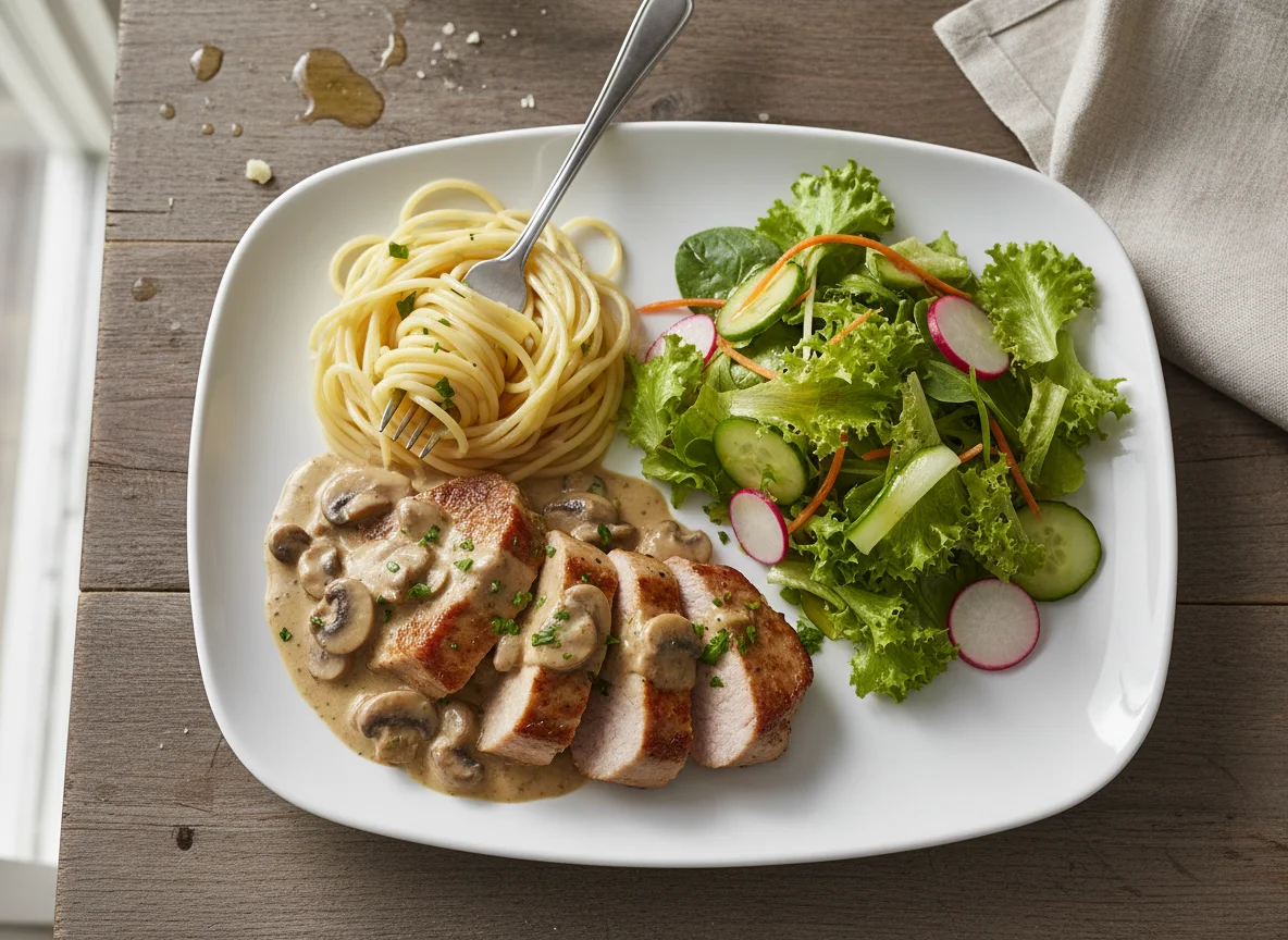 Schweinefilet mit Pilzrahmsoße, Spaghetti und Salat photo