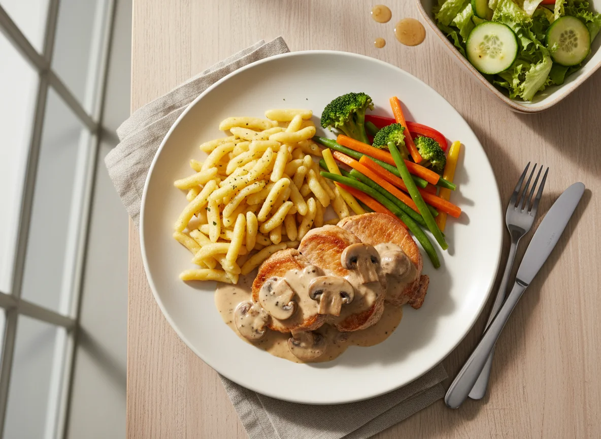 Schweinefilet mit Pilzrahmsoße, Spätzle, gemischtem Gemüse und Salat photo