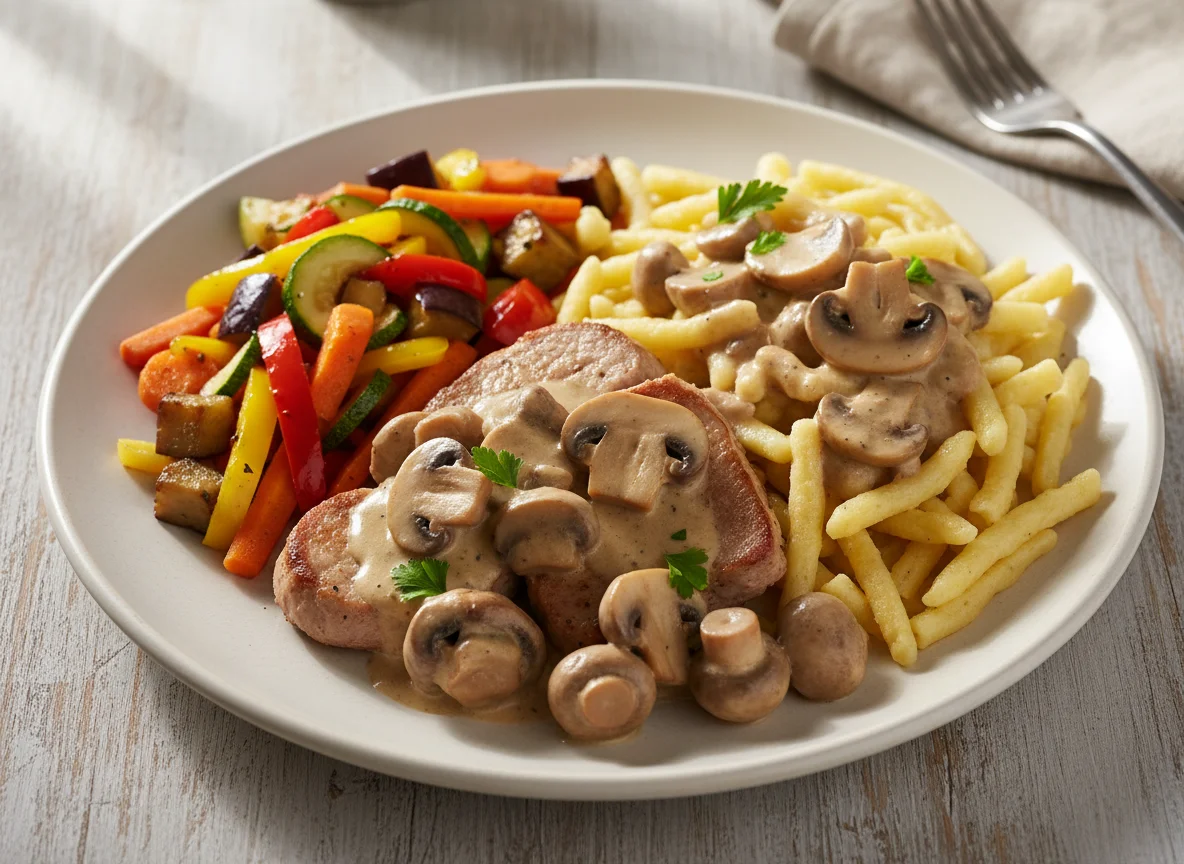 Schweinefilet mit Pilzrahmsoße, Spätzle und Gemüse photo