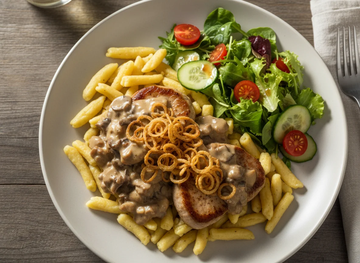 Schweinefilet mit Pilzrahmsoße, Spätzle und Salat photo