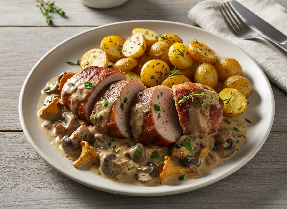 Schweinefilet mit Pilzrahmsoße und Kartoffeln photo