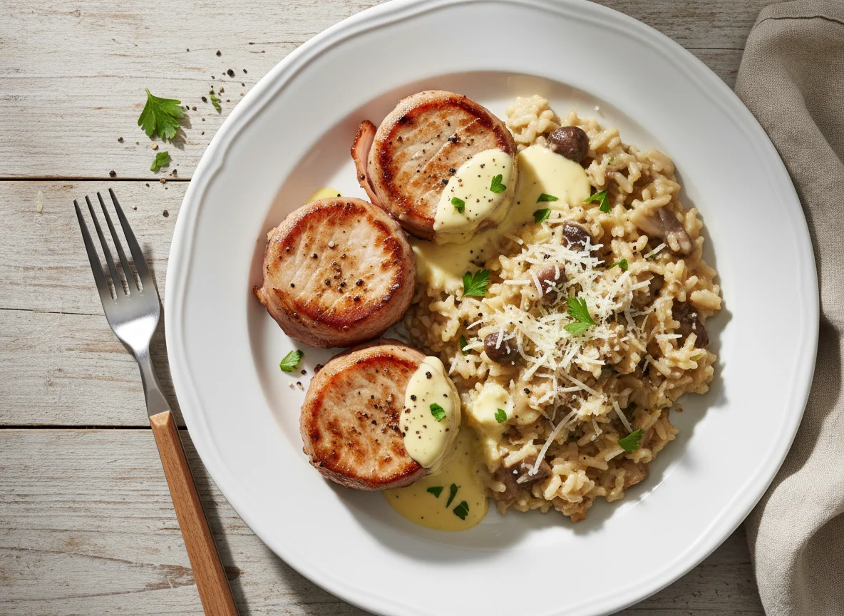 Schweinefilet mit Pilzrisotto und Sauce Hollandaise photo