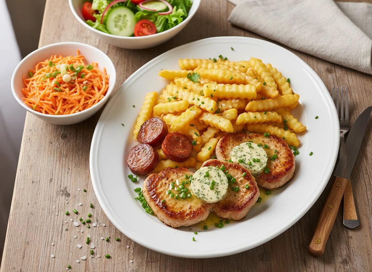 Schweinefilet mit Pommes Frites und Salat photo