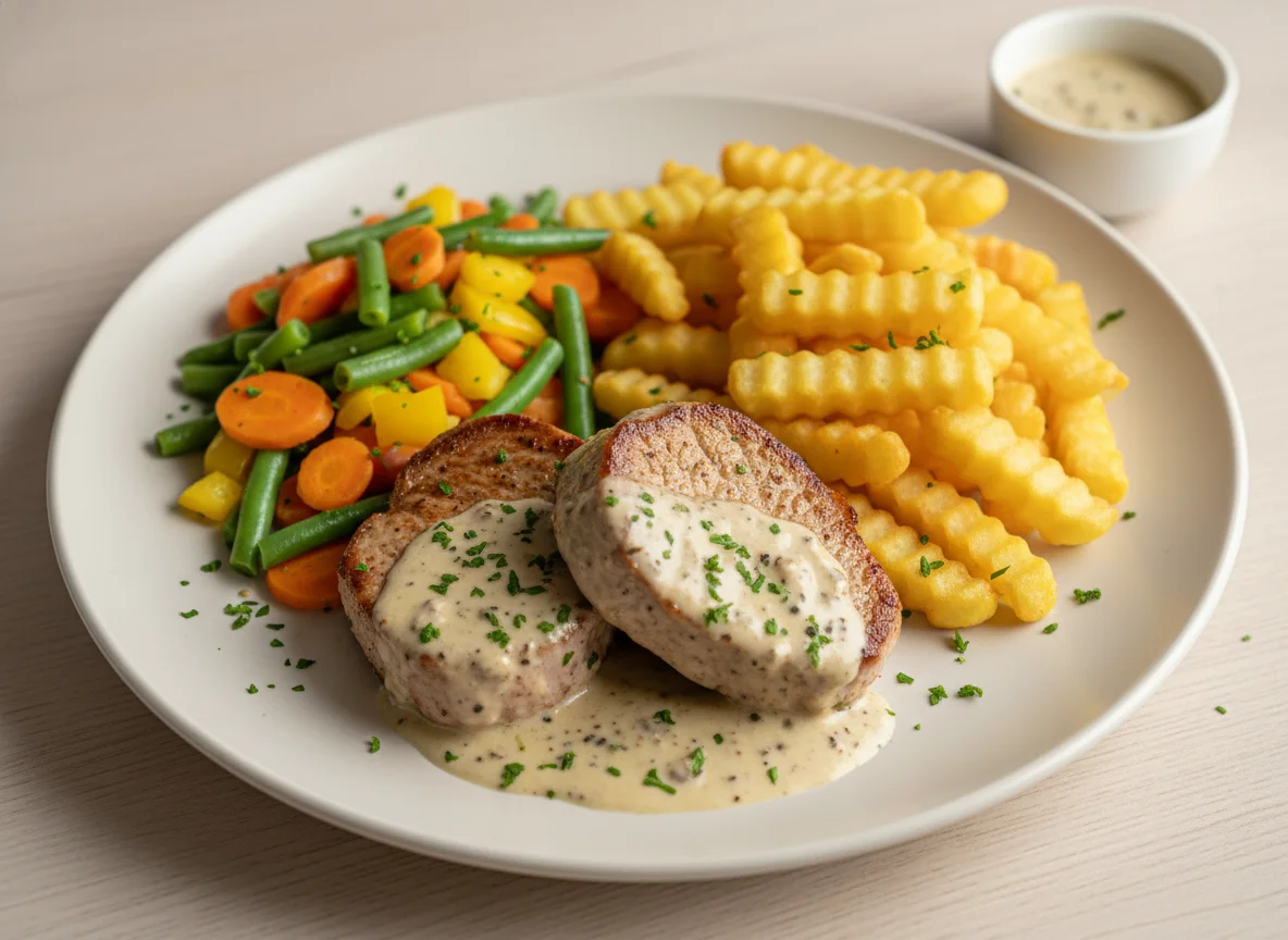 Schweinefilet mit Pommes und Pfeffersauce photo