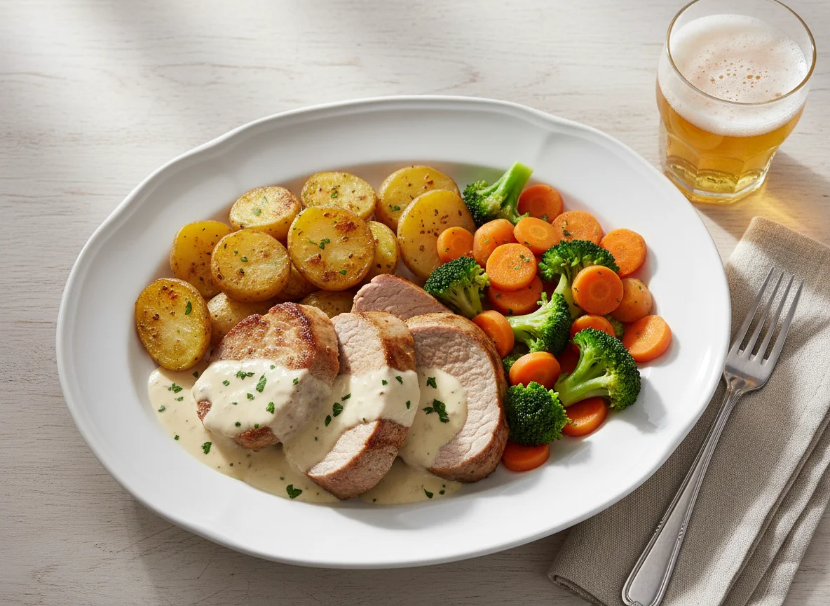 Schweinefilet mit Rahmsauce, Kartoffeln und Gemüse photo