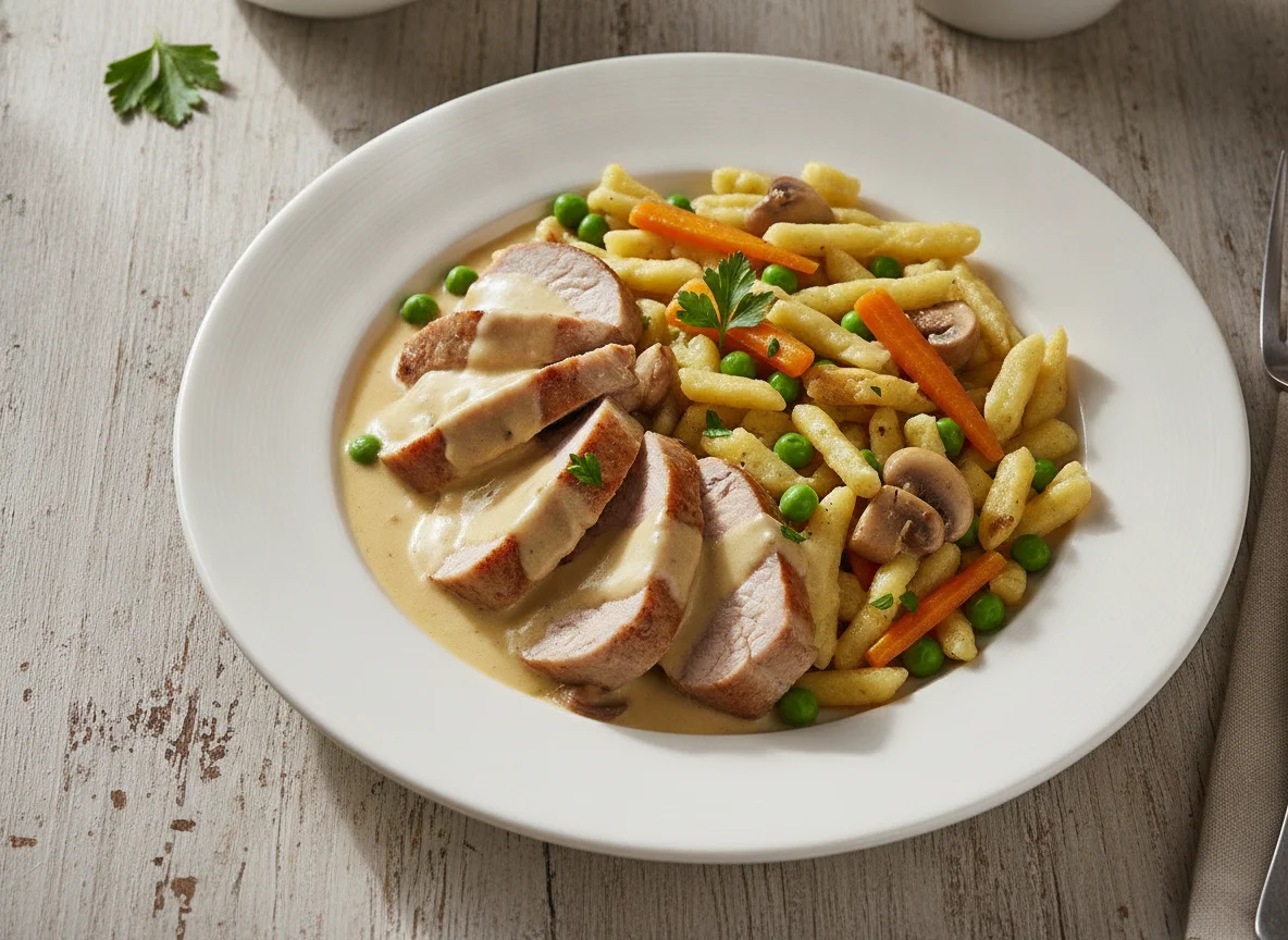 Schweinefilet mit Rahmsauce, Spätzle und Gemüse photo