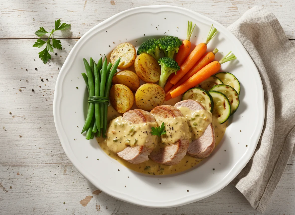 Schweinefilet mit Rahmsauce und Gemüse photo