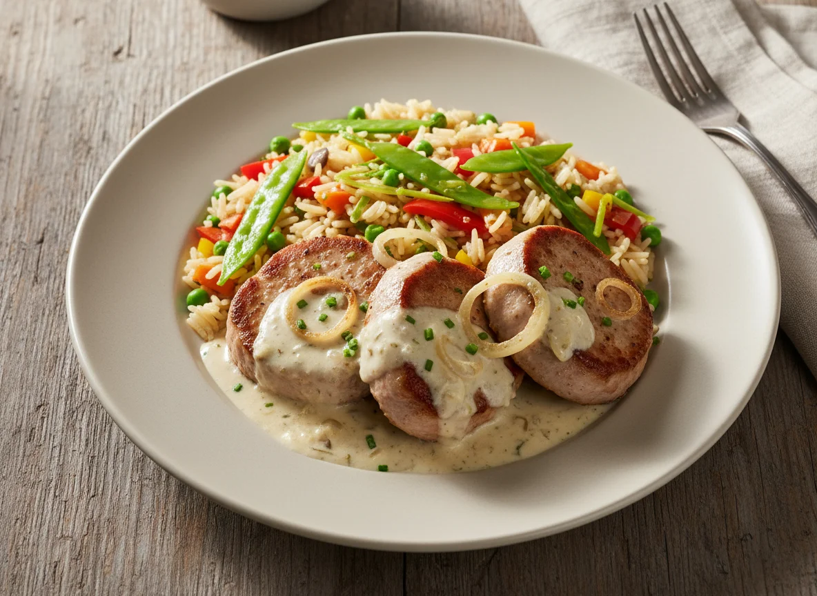 Schweinefilet mit Rahmsauce und Gemüsereis photo