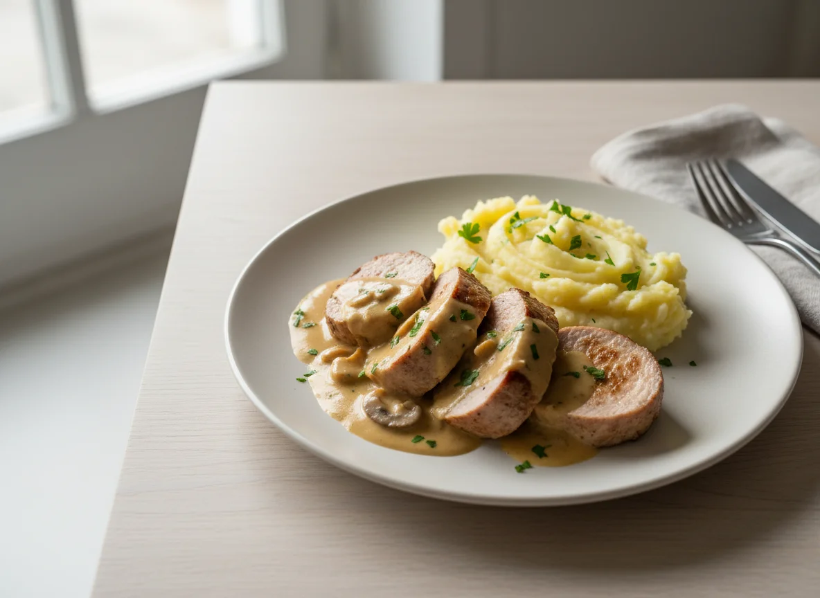 Schweinefilet mit Rahmsauce und Kartoffelpüree photo
