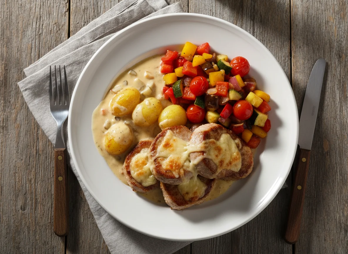 Schweinefilet mit Ratatouille und Kartoffeln in Rahmsauce photo