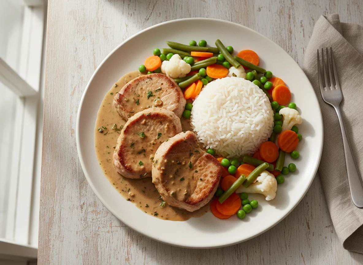 Schweinefilet mit Reis, Sauce und Gemüse photo