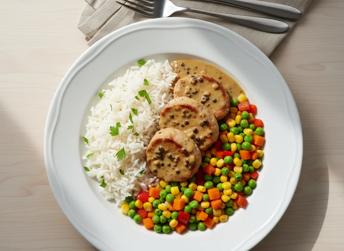 Schweinefilet mit Reis und Gemüse photo