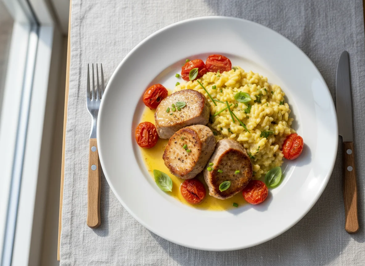 Schweinefilet mit Risotto und Kirschtomate photo