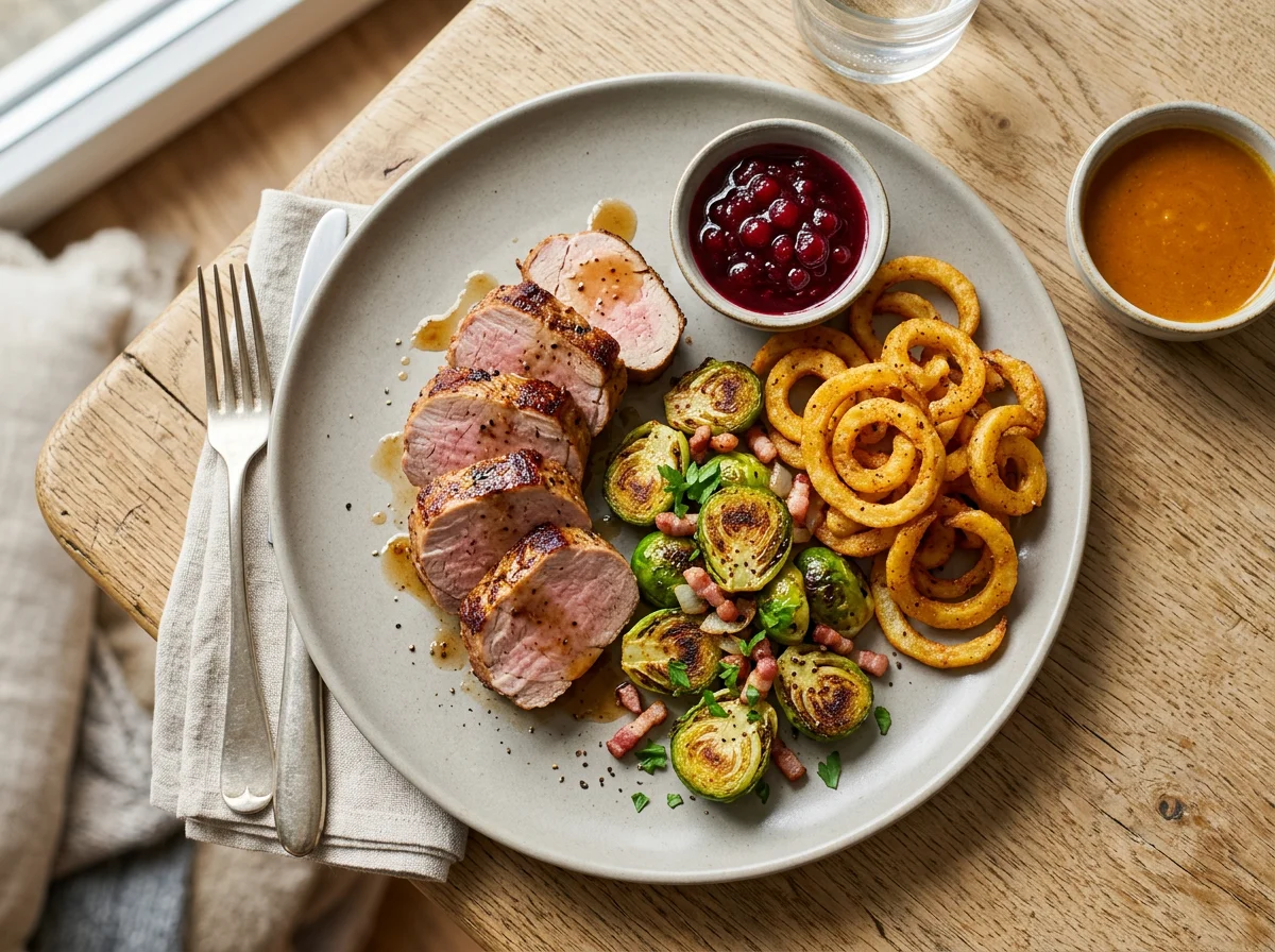 Schweinefilet mit Rosenkohl und Curly Fries photo