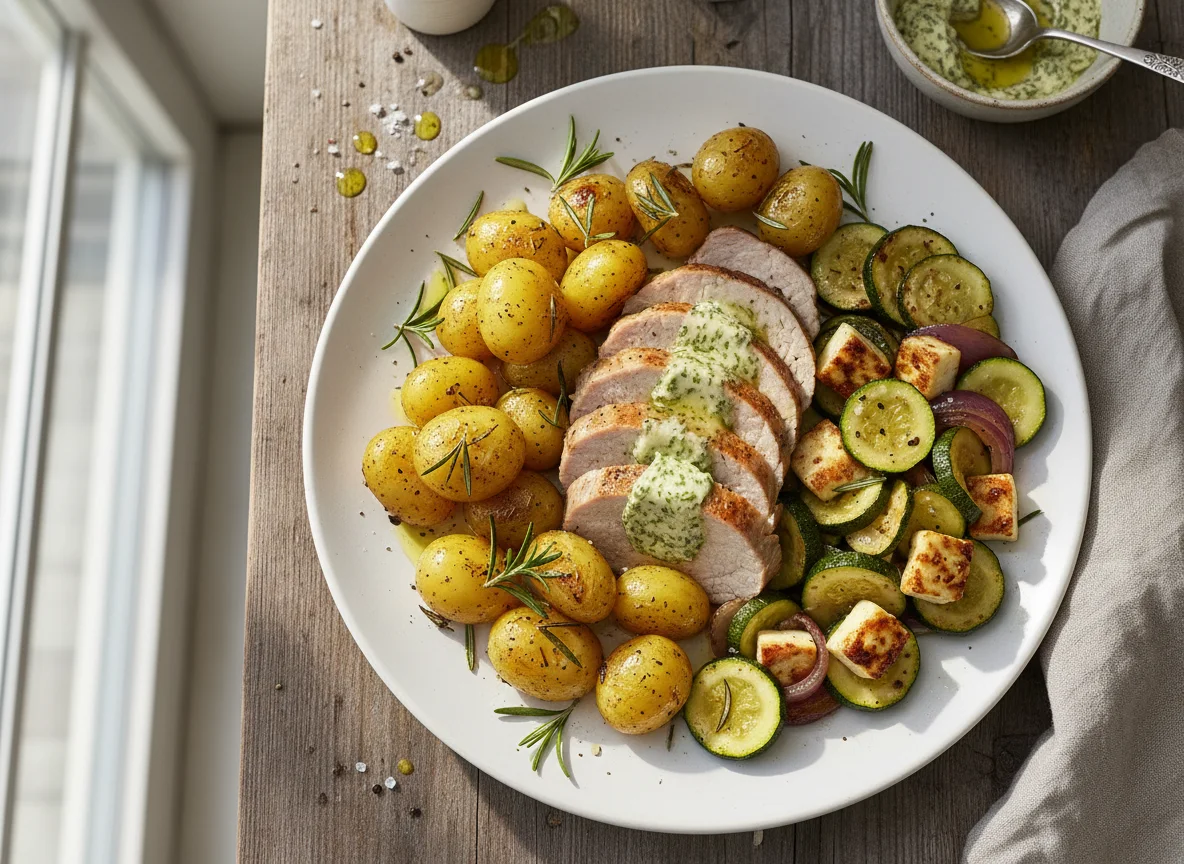 Schweinefilet mit Rosmarinkartoffeln und Zucchini-Halloumi-Gemüse photo