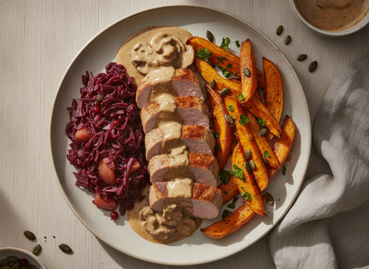 Schweinefilet mit Rotkohl und Süßkartoffelspalten photo