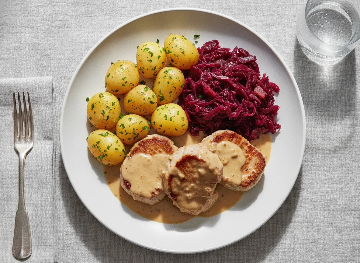 Schweinefilet mit Salzkartoffeln, Rotkohl und Rahmsauce photo