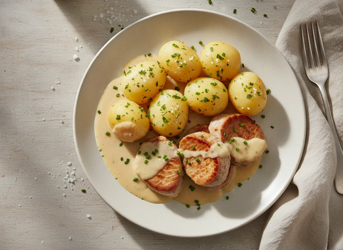 Schweinefilet mit Salzkartoffeln und Rahmsauce photo