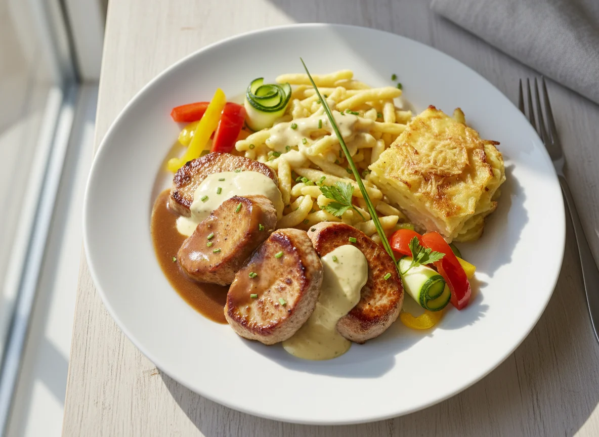 Schweinefilet mit Spätzle, Gemüse und Kartoffelgratin photo