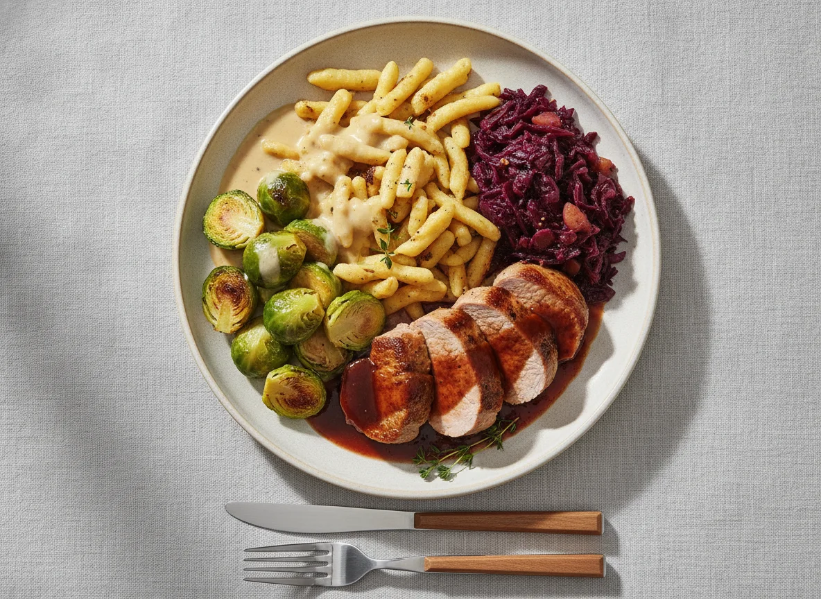 Schweinefilet mit Spätzle, Rosenkohl und Rotkohl photo