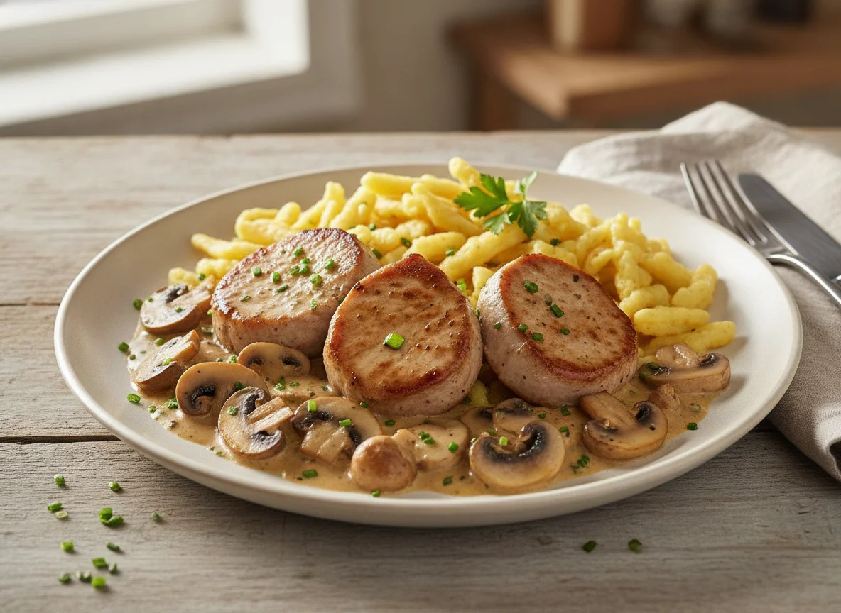 Schweinefilet mit Spätzle und Champignon-Rahmsauce photo