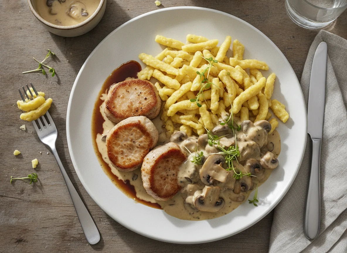 Schweinefilet mit Spätzle und Pilzrahmsauce photo