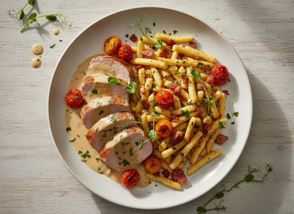 Schweinefilet mit Spätzle und Speck photo