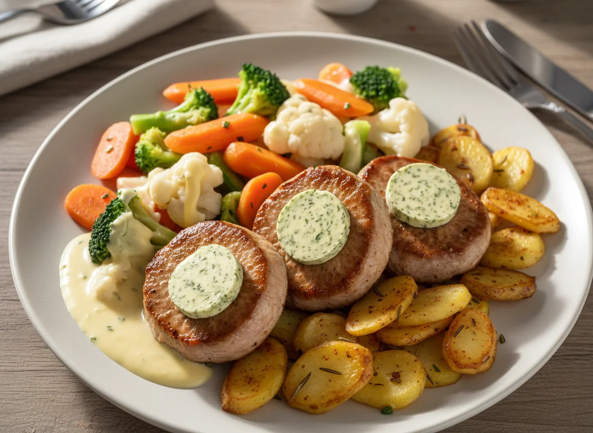 Schweinefilet-Medaillons mit Bratkartoffeln und Gemüse photo