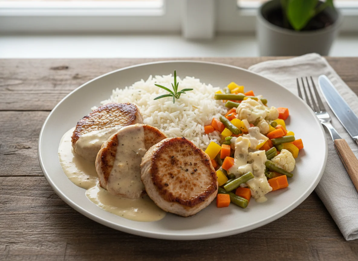 Schweinefiletmedaillons mit Reis, Gemüse und Rahmsauce photo