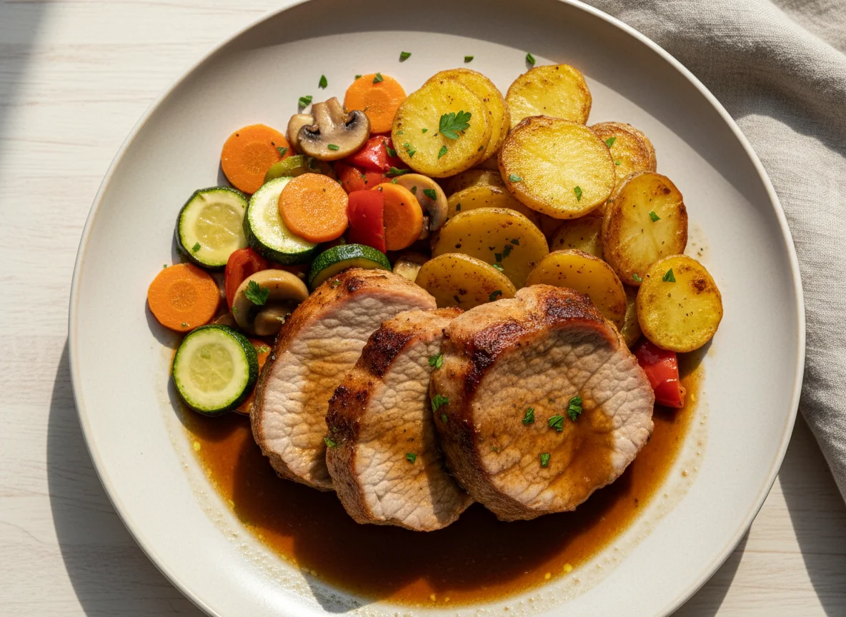Schweinefleisch mit Bratkartoffeln und Gemüse photo