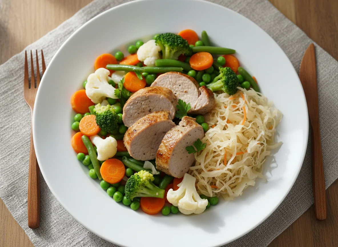 Schweinefleisch mit gemischtem Gemüse und Sauerkraut photo