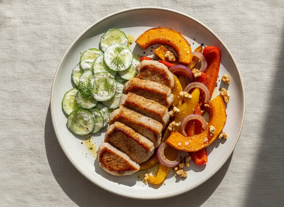 Schweinefleisch mit Gurkensalat und Ofengemüse photo