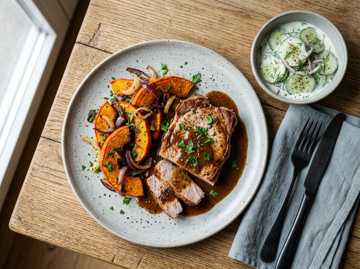 Schweinefleisch mit Kürbisgemüse und Gurkensalat photo