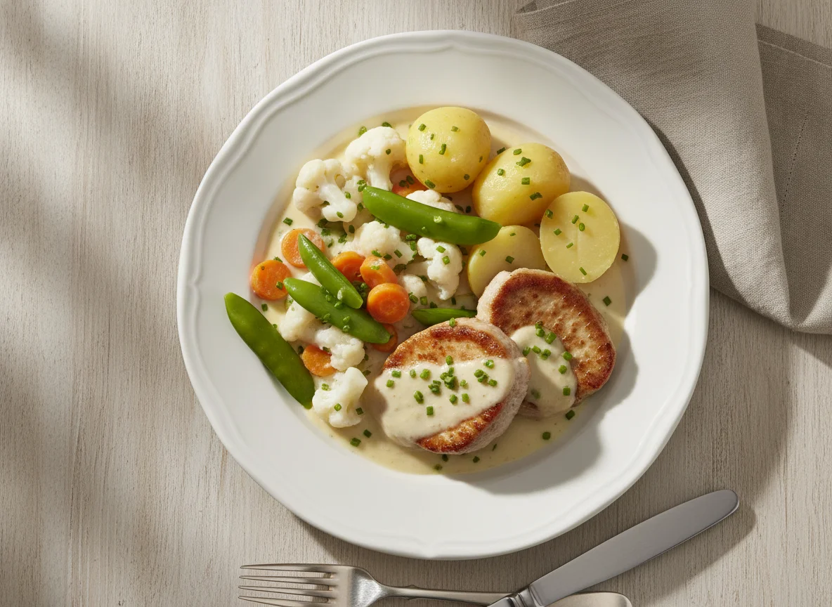 Schweinefleisch mit Rahmgemüse und Kartoffeln photo