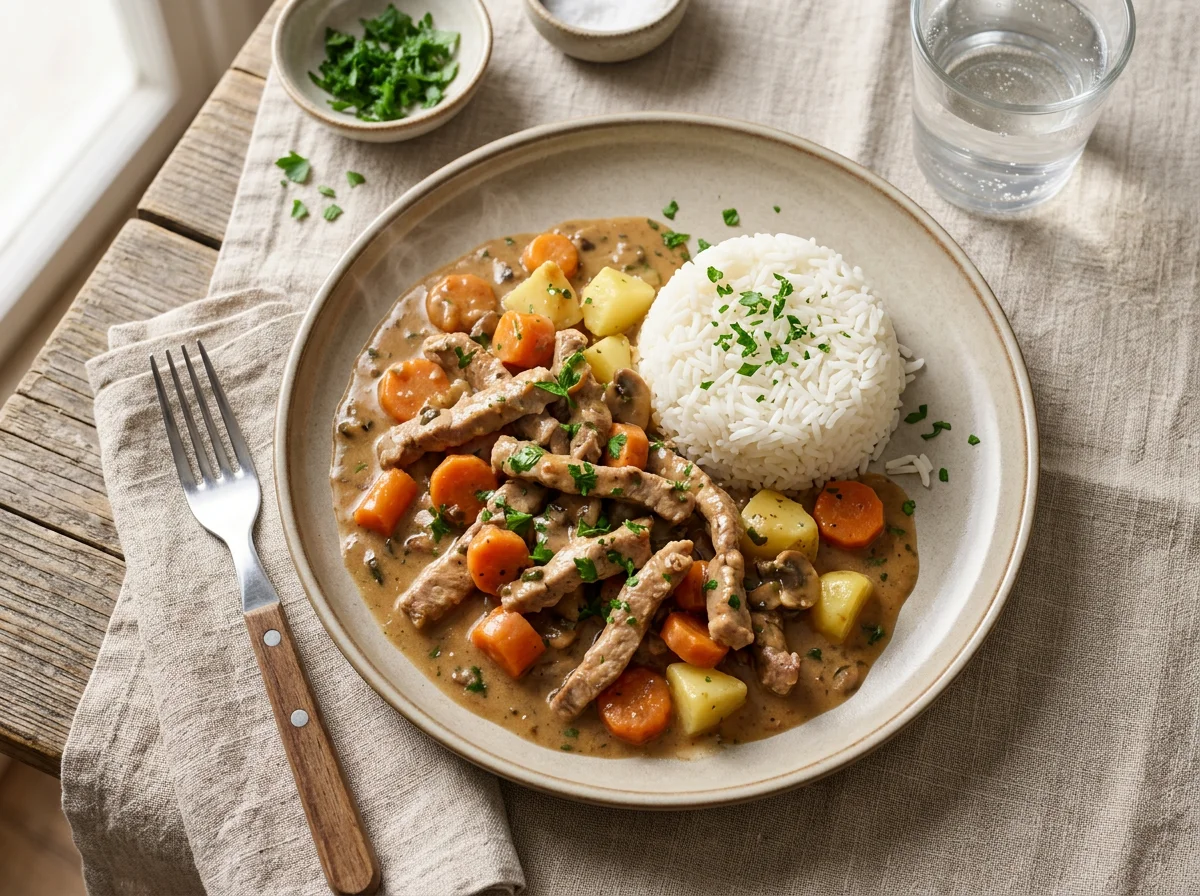 Schweinegeschnetzeltes mit Reis und Gemüse photo