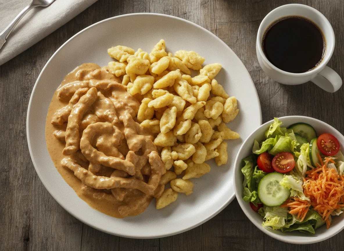 Schweinegeschnetzeltes mit Spätzle und Beilagensalat photo