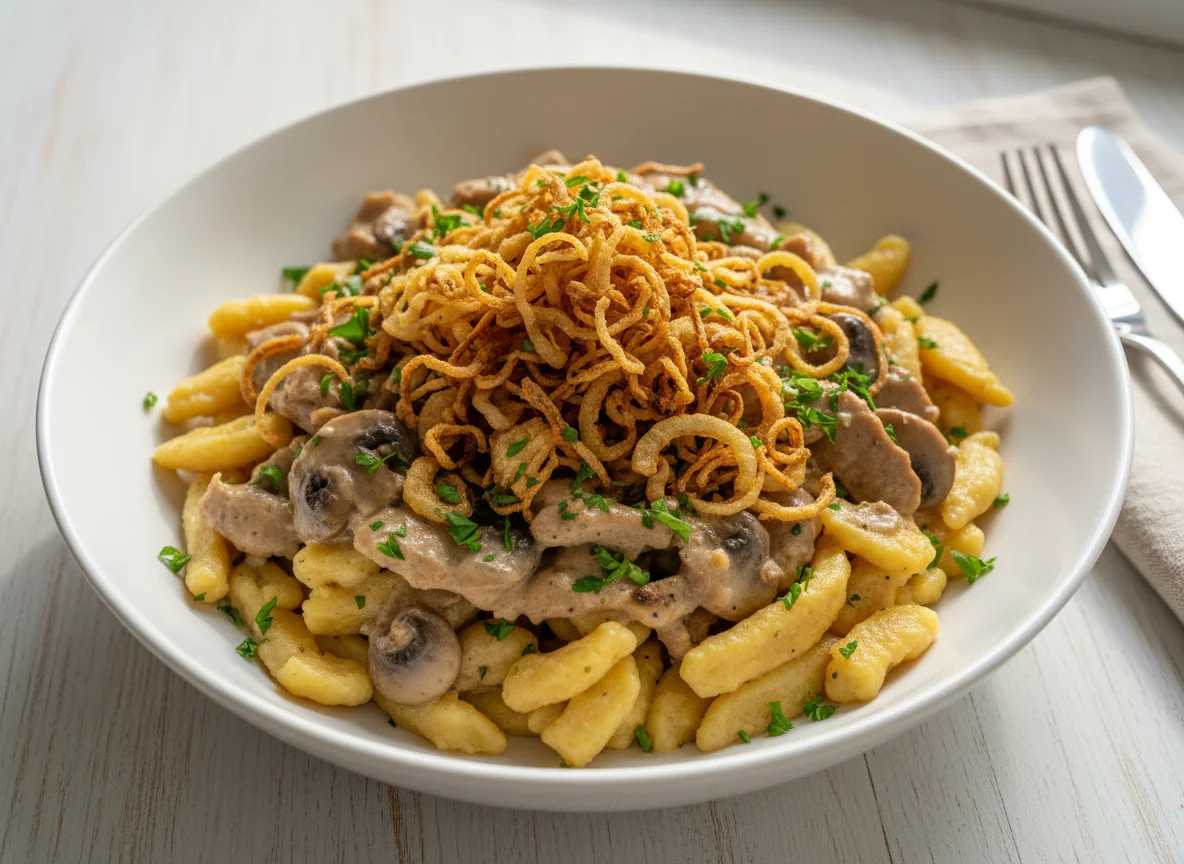 Schweinegeschnetzeltes mit Spätzle und Röstzwiebeln photo