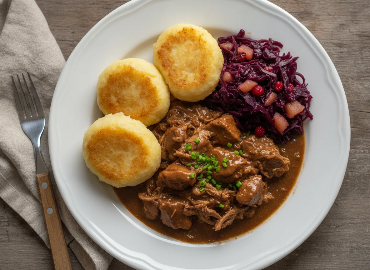 Schweinegulasch mit Kartoffelklößen und Rotkohl photo