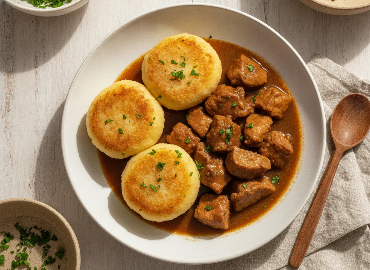 Schweinegulasch mit Kartoffelklößen photo