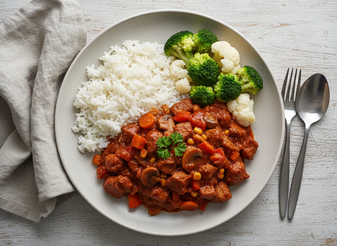 Schweinegulasch mit Reis und Gemüse photo
