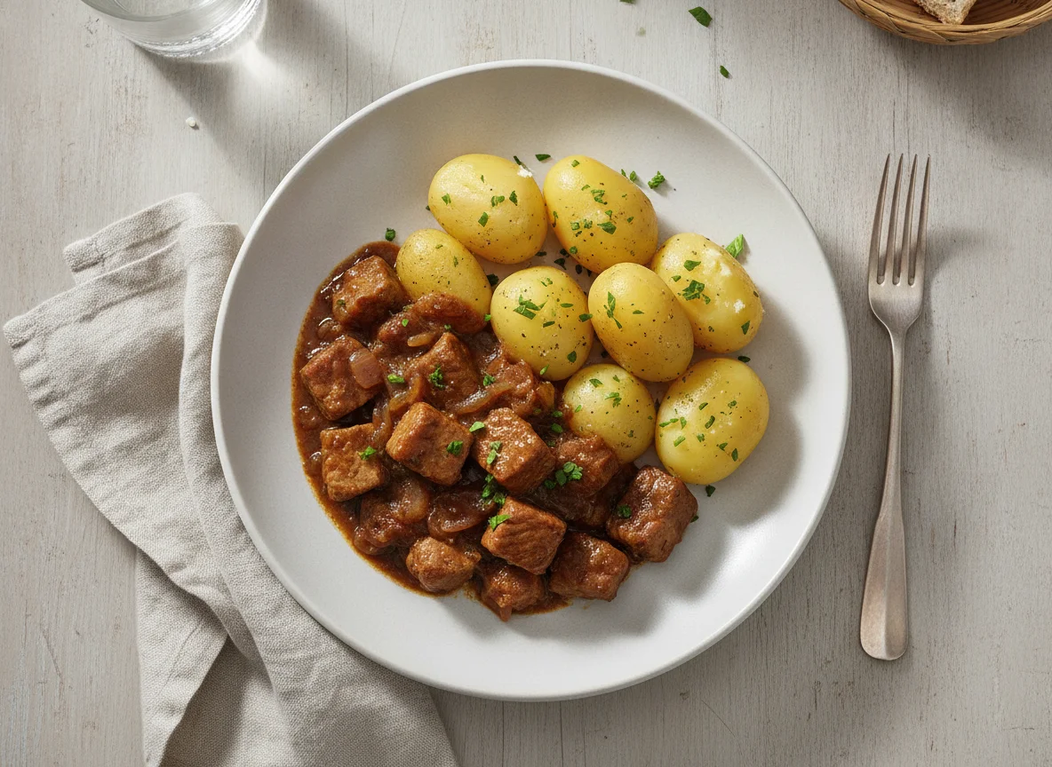 Schweinegulasch mit Salzkartoffeln photo